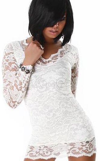 LACE MINI DRESS PENCIL FIT 2 SLEEVE WHITE